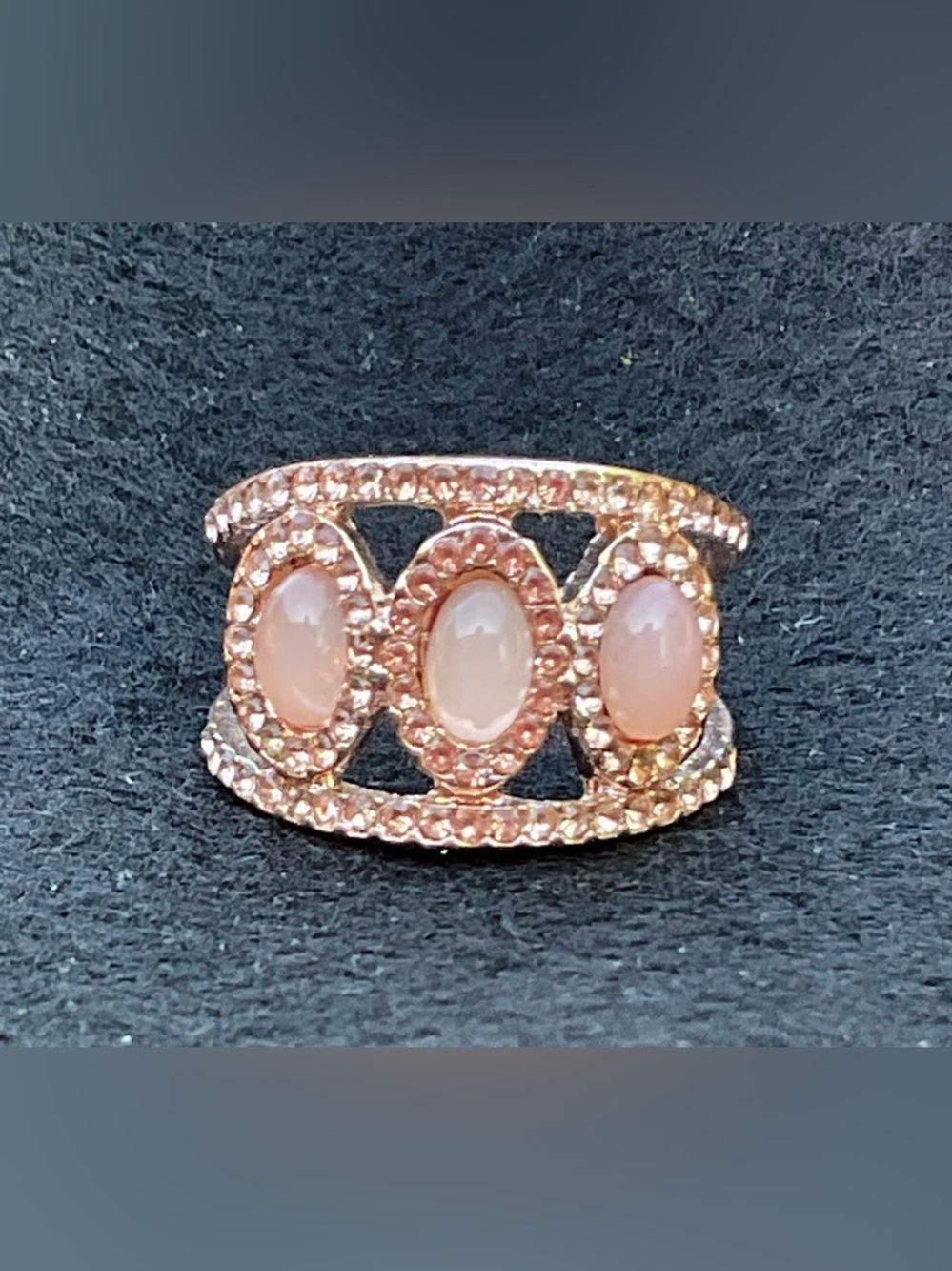 Blush Pink Cabochon Oval Halo Ring Rose Gold Tone Triple Stone Statement Chic